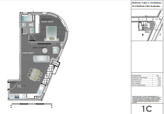 Plano de apartamento con distribución de espacios y muebles etiquetados.