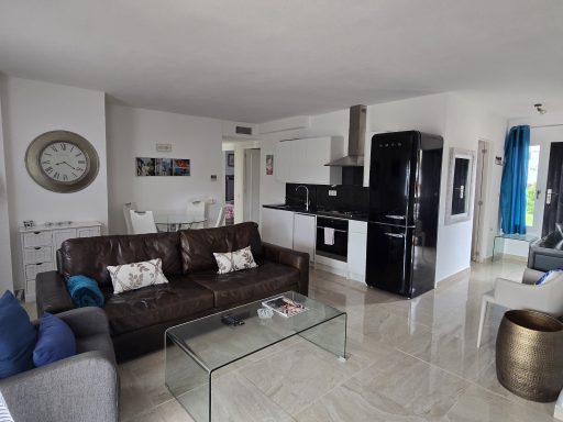 Salón moderno con sofá marrón, cocina negra y decoraciones sencillas.