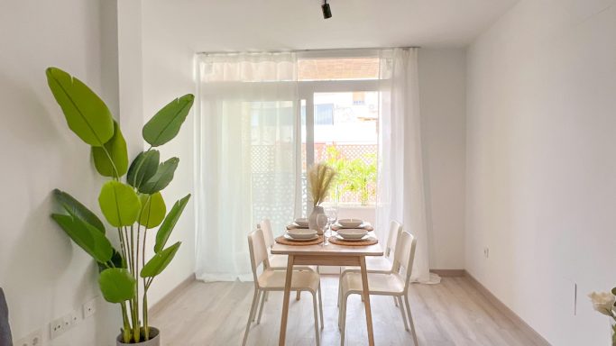 Livingroom Comedor minimalista con mesa y sillas, decorado con plantas y luz natural.